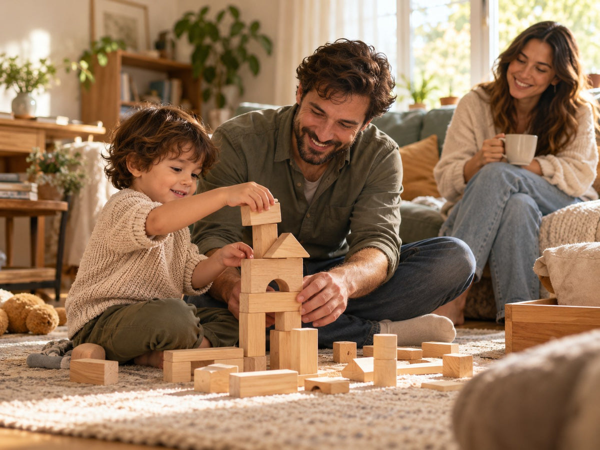 Parent and young child enjoying an unhurried afternoon on the living room rug.