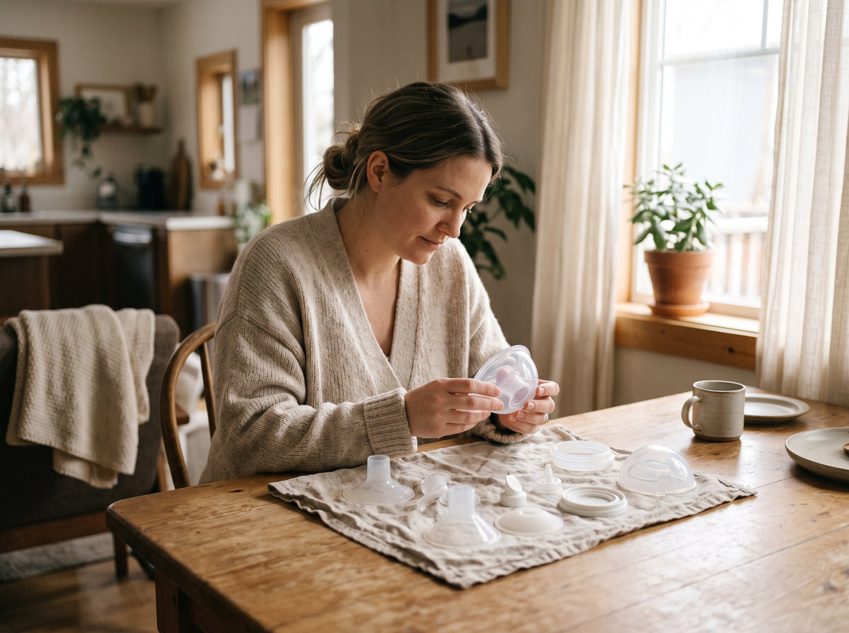 Parent reviewing a wearable breast pump and its removable parts.